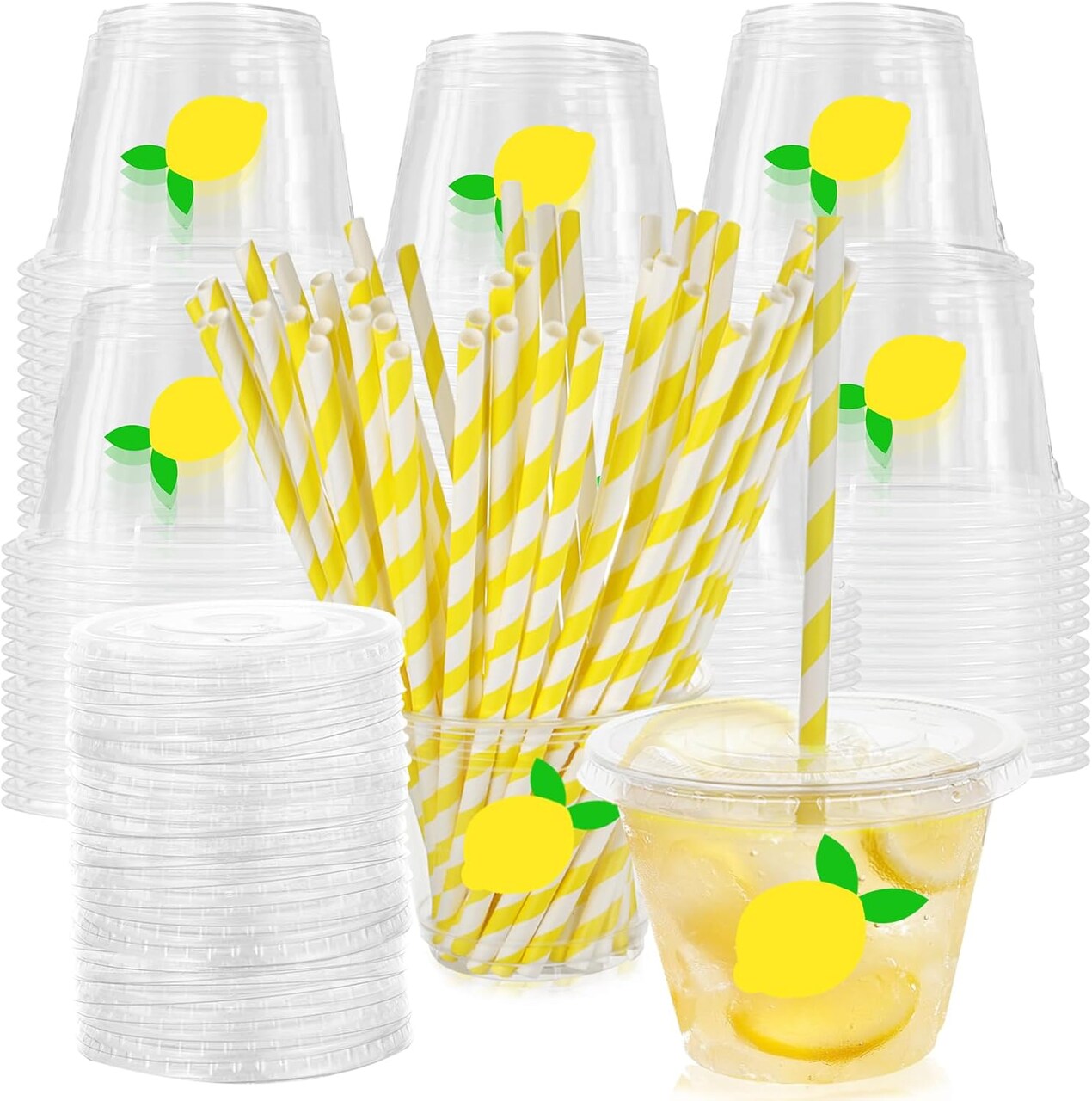 100Pcs Lemon Disposable Plastic Cups with Lids and Straws, 9Oz Party Cups Yellow Lemon Cold Beverage Drinking Cups